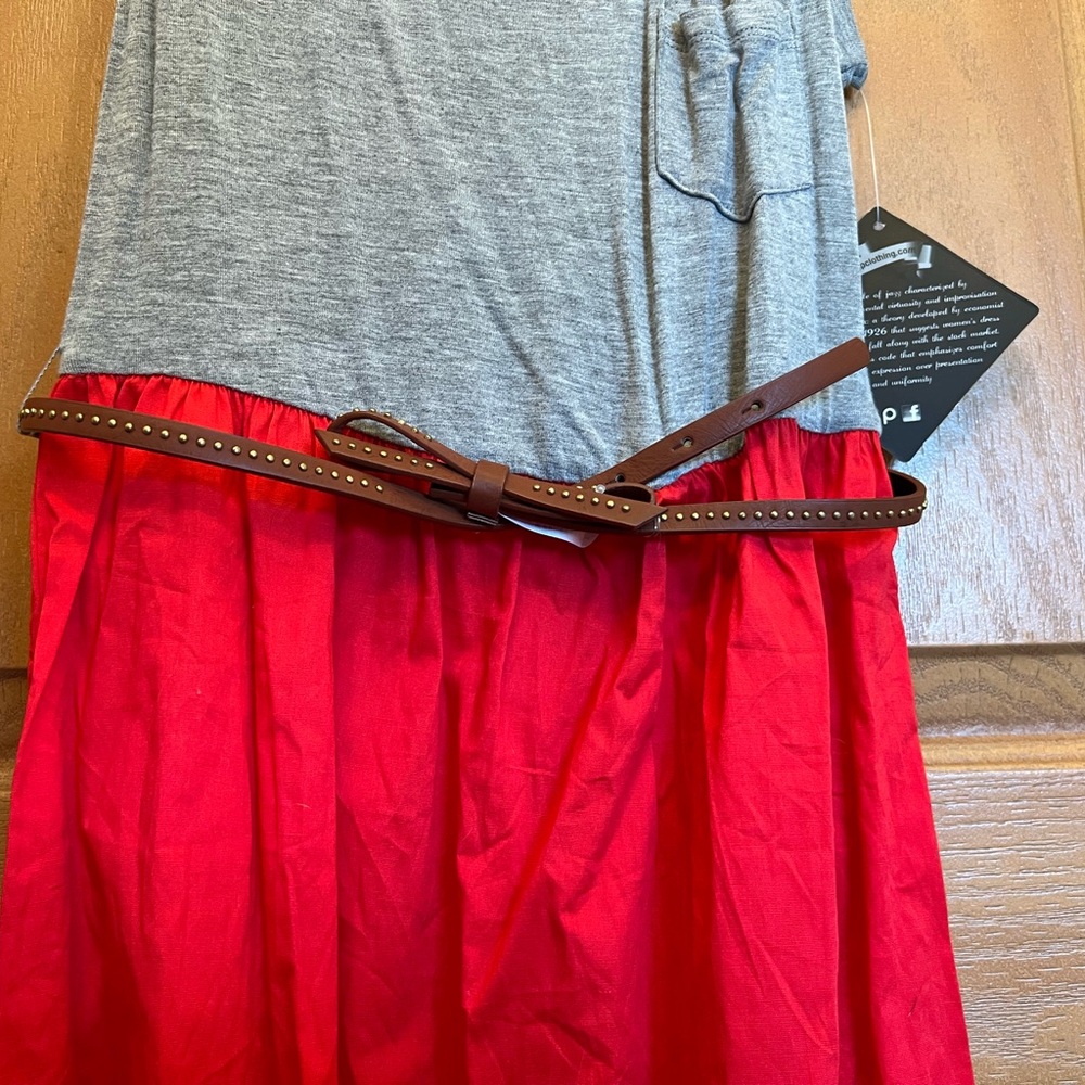 BeBop Gray and Red Sleeveless Dress with Brown Belt - Picture 3 of 12